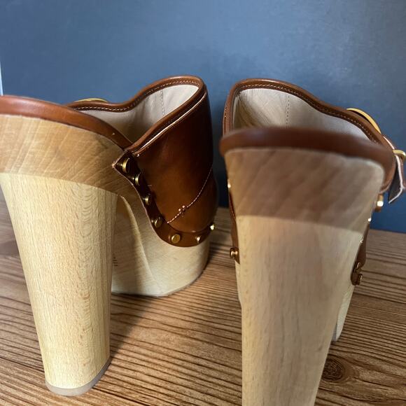 Veronica Beard Cognac Leather Wood Platform Heeled Mules Clogs Womens 10 Alek - Picture 9 of 15